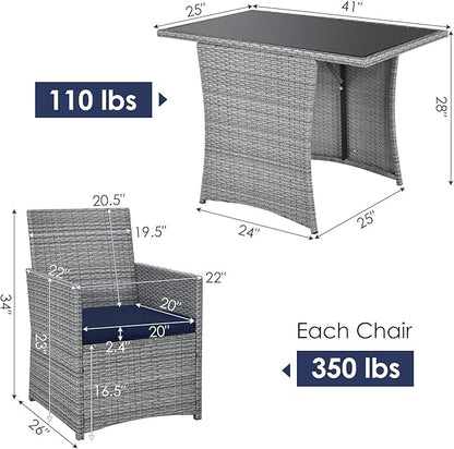 HAPPYGRILL 3PCS Outdoor Wicker Bistro Set Space-Saving PE Rattan Dining Table Set with Cushioned Chairs, Patio Conversation Set for Backyard Porch Garden and Poolside