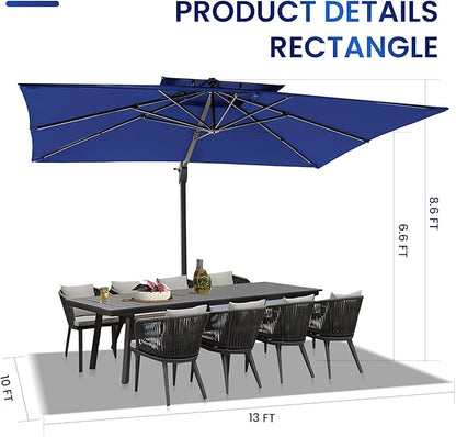 10 X 13 FT Cantilever Patio Umbrella Outdoor Heavy Duty Double Top Windproof Rectangle Offset Umbrellas with 360-degree Rotation for Pool Deck Backyard, Navy