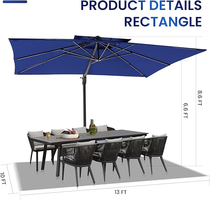10 X 13 FT Cantilever Patio Umbrella with Base Included Outdoor Heavy Duty Double Top Windproof Rectangle Offset Umbrellas with 360-degree Rotation for Pool Deck Backyard, Navy