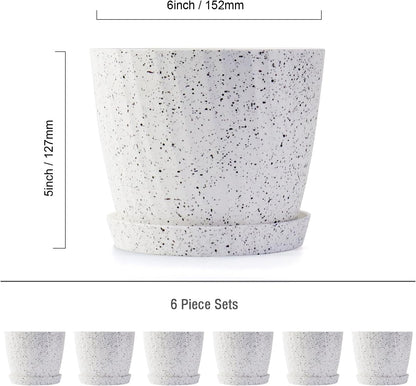 6 Inch Plant Pots Bulk, 6 Pack Plastic Planters with Drainage Holes and Saucers for Indoor Outdoor House Plants and Flowers,White Spots