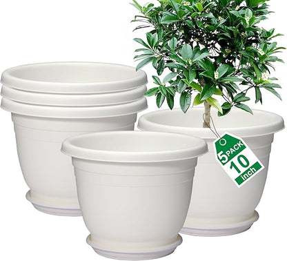 5 Packs 10 inch Plant Pots + Saucer, Planters for Indoor & Outdoor Plants with Drainage Holes | Plastic Flower Pots, Large Planter (Beige, 10 inch)