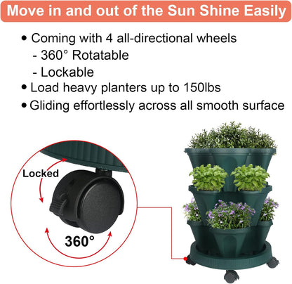Vertical Planter 3 Tier Stackable Planters Garden Planters Strawberry Herb Flower and Vegetable Planter Indoor Outdoor Gardening Pots with Removable Wheels and Tools 2-Pack
