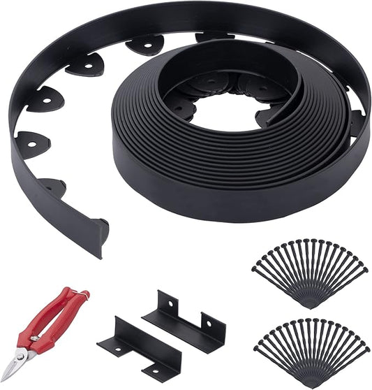 Landscape Edging, 40' 2" Tall Garden Edging with Scissors, Lawn Edging with 36 Garden Spikes and 2 Connectors, Heavy Duty PP&PE Material Edging for Landscaping, Garden, Lawn, Black