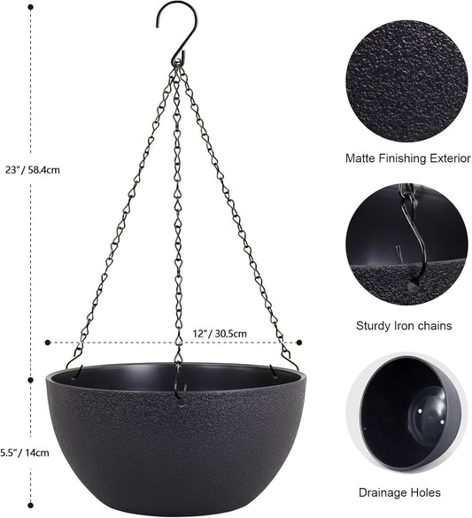 12 inch Large Hanging Planters for Indoor Outdoor Plants, 2 Pack Hanging Flower Pots with Drainage Holes and Chain for Garden Porch Plants, Plastic Hanging Baskets for House Plants, Black