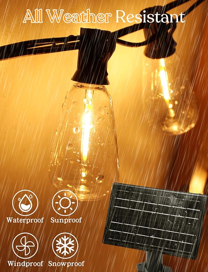 100ft Solar Outdoor String Lights with Remote - USB Rechargeable Solar Powered Outdoor Patio Lights, Larger 3.5W Solar Panel , Timer, Dimmable Shatterproof ST38 Bulbs for Backyard, Porch, Garden, Pool