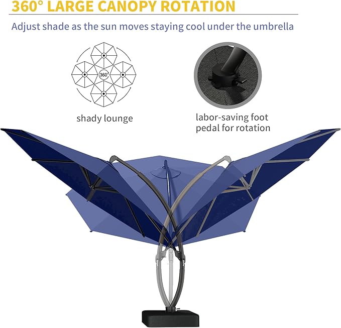 Kingdura 11ft Cantilever Patio Umbrella with Base Included, Large Round Offset Outdoor Pool Umbrella, 360° Rotation & Infinite Tilt, Heavy Duty Aluminum Frame for Deck Backyard, Navy blue