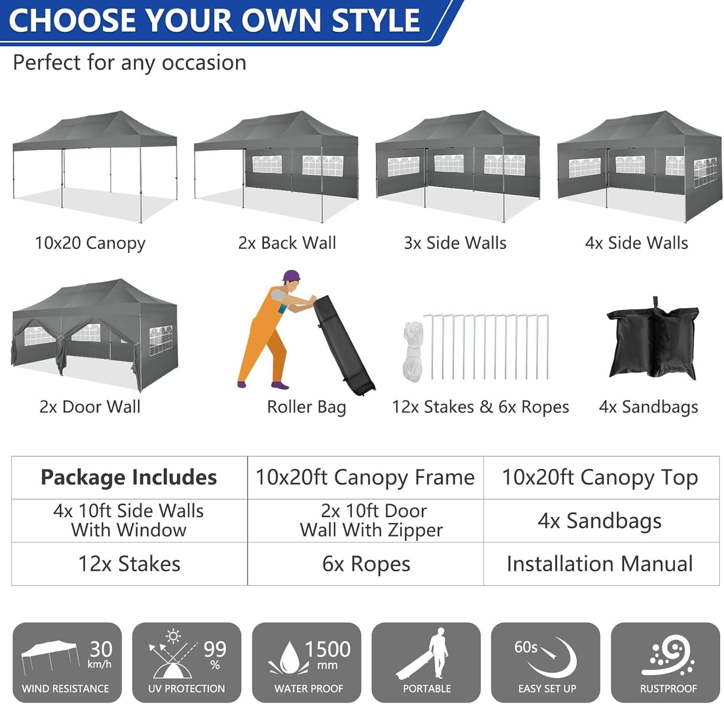 COBIZI 10x20 Pop up Canopy Tent Heavy Duty with 6 Sidewalls, Easy Set-up Commercial Outdoor Party Tent, 100% Waterproof Wedding Tent Gazebo, 3 Height Adjustable with Wheeled Bag,Gray