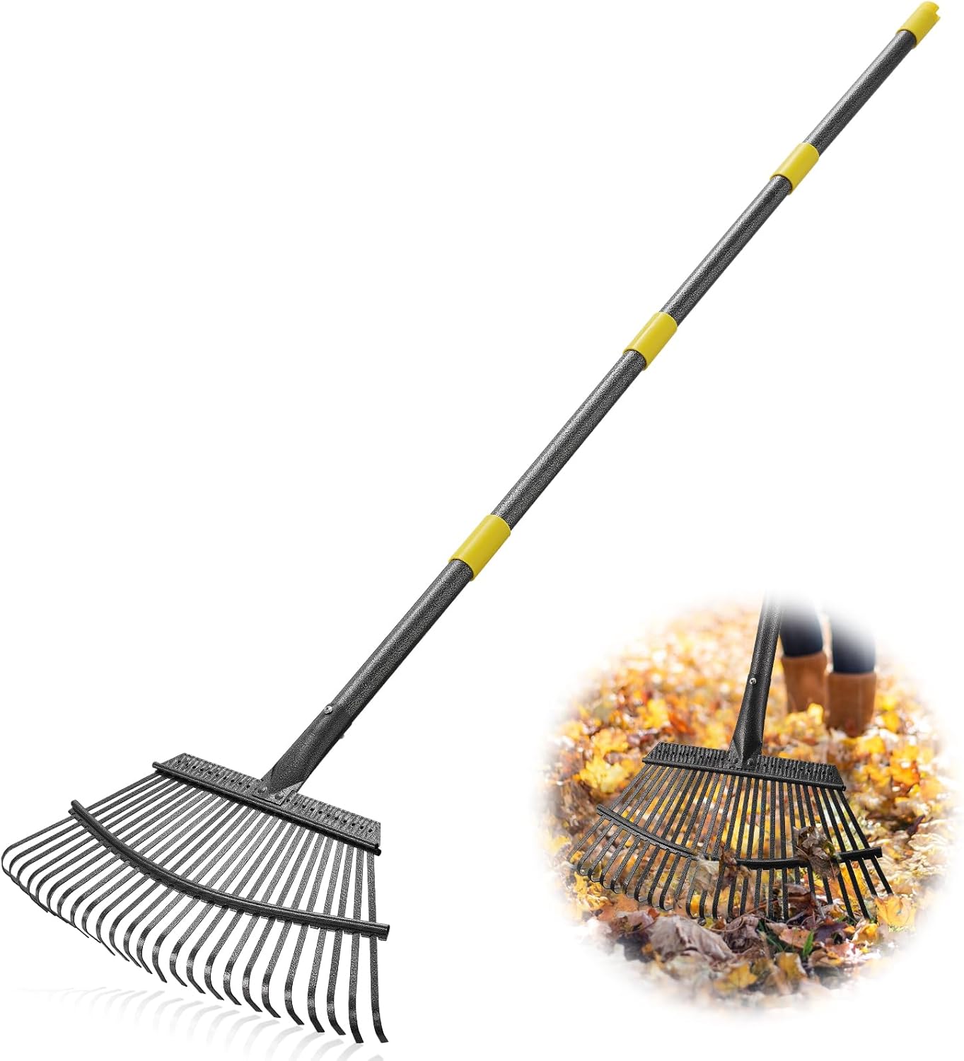 Metal Garden Rake, 5FT Rake for Leaves Lawns, 25 Metal Tines 18 inch Wide with Adjustable Handle Heavy Duty Yard Leaf Rakes for Gardening