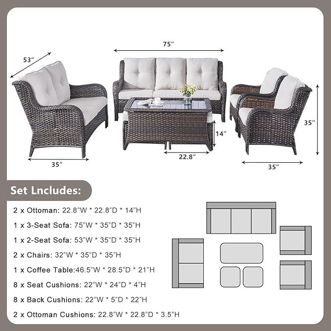 Outdoor Patio Furniture Sofa Set - 7 Piece Rattan Wicker Patio Sectional Conversation Sets with 1 Sofa,1 Loveseat,1 Coffee Table,2 Armrest Chairs and 2 Ottomans for Porch Deck Garden(Brown/Beige)