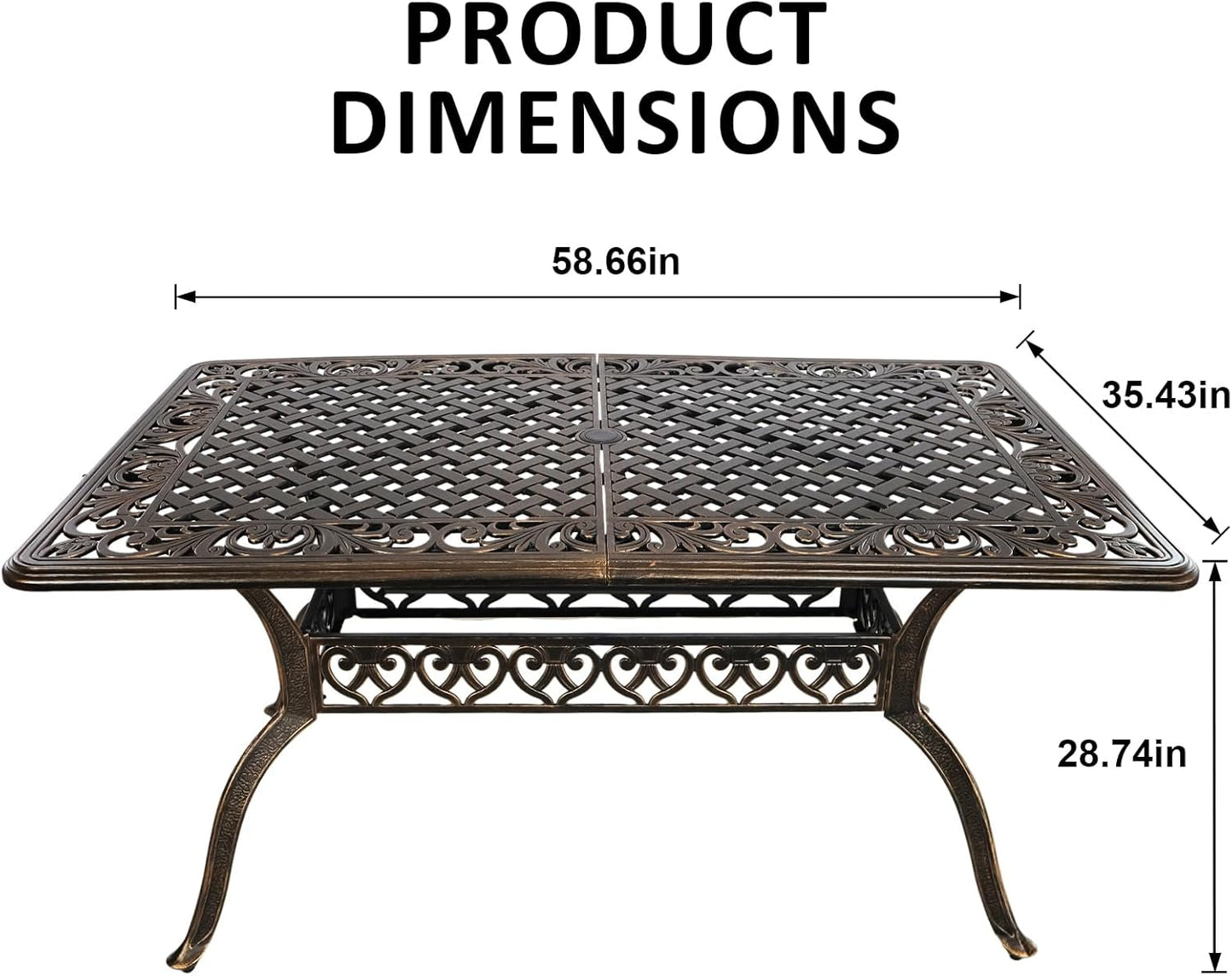 Rectangle Patio Table 59" Cast Aluminum Patio Dining Table with 2.56" Umbrella Hole, Weather-Resistant Outdoor Dining Table for 6-8 Person, Balcony Garden Table 59" x 35.5" x 29", Bronze