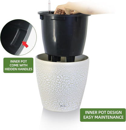 Dexceder 15x14 Self Watering Planter with Wheels Indoor Outdoor, Inner Pot Design, Thickened Large Floor Standing Flower Plant Pot with Water Level Indicator (White Gold Crackle)