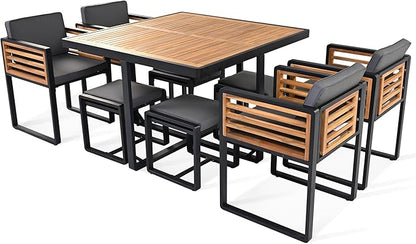 Merax 9 Pieces Outdoor Dining Set for 8 People, Acacia Wood Patio Furniture Sets with 1 Square Table, 4 Cushioned Chairs and 4 Ottomans for Backyard, Garden, Lawn, Poolside, Space Saving Design, Gray