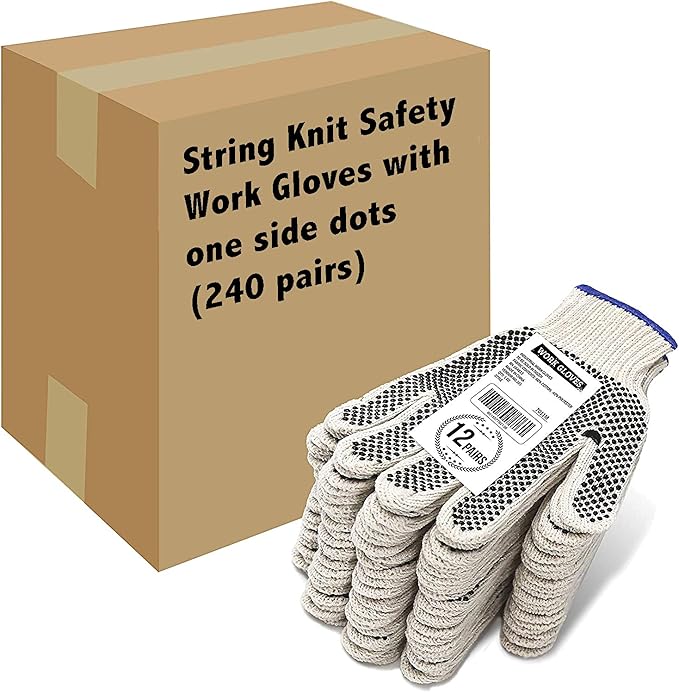 Evridwear Cotton Polyester String Knit Shell Safety Protection Work Gloves for Painter Mechanic Industrial Warehouse Gardening Construction Men One Case (12 PairsX20) With One Side dots, M Size