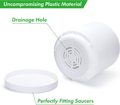 D'vine Dev 16 Inch White Plastic Planter Pots for Plant Pot with Drainage Hole and Seamless Saucers, 74-X-A-5