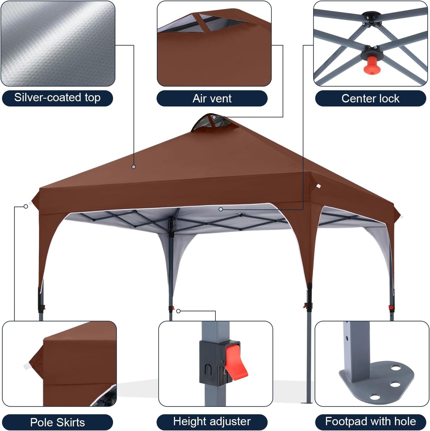 COOSHADE Pop Up Canopy Tent, 10x10 Easy Setup Instant Canopy Sun Shelter Beach Tent, Portable Sports, Brown