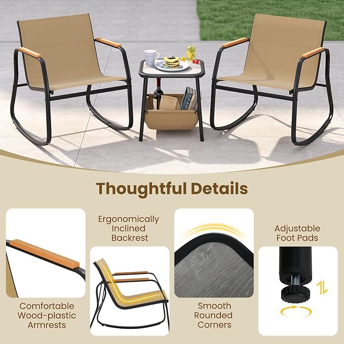Tangkula 3 Piece Rocking Bistro Set Outdoor, Patio Rocking Chairs & Side Table with Storage Basket, Wood-Like Armrests & Metal Frame, Patio Furniture Set for Porch, Backyard, Lawn & Poolside