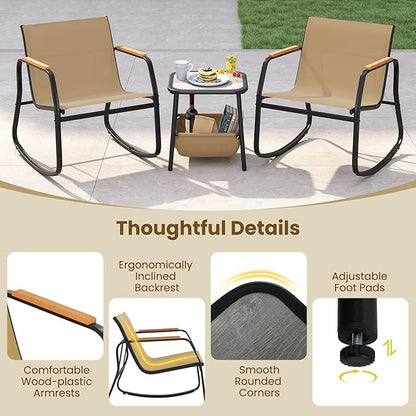 Tangkula 3 Piece Rocking Bistro Set Outdoor, Patio Rocking Chairs & Side Table with Storage Basket, Wood-Like Armrests & Metal Frame, Patio Furniture Set for Porch, Backyard, Lawn & Poolside