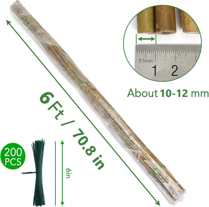 SWANGSA 40 Pack Bamboo Stakes for Plant 6 Feet,Bamboo Sticks Garden Plant Support Stakes Poles with 200pcs Twist Ties for Tomatoes, Beans, Flowers, Trees, Indoor and Outdoor Climbing Plants
