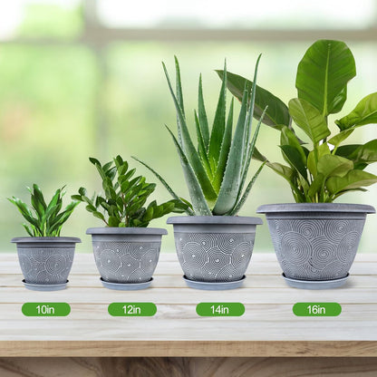 16 Inch Large Planter Pot for Plants Indoor Outdoor, 4 Pack Plastic Flower Pots with Drainage Hole & Tray, Modern Decorative Garden Pot with Saucer, Plant Container for House
