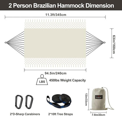 Brazilian Double Hammock with Tree Straps,Extra Large 94x63IN,2 Persons Hammock for Backyard Patio Outdoor Indoor,450lbs Weight Capacity,Soft Woven Cotton Fabric - Natrual White with Tassels