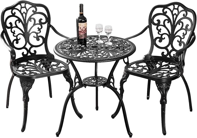 3 Piece Patio Bistro Set Cast Aluminum Bistro Table and Chairs Set of 2 with Umbrella Hole,All Weather Metal Bistro Table Set,Outdoor Patio Furniture Set for Garden(Butterfly Black)