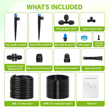 230FT New Quick-Connect Drip Irrigation System Kit, Automatic Garden Watering Misting System for Greenhouse, Yard, Lawn, Plant with 1/2 inch Hose 1/4 inch Distribution Tubing and Accessories