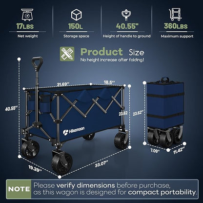 150L Collapsible Wagons Carts Foldable, 360LBS Heavy Duty Folding Beach Cart with Big All-Terrain Wheels, Portable Utility Wagon for Grocery, Shopping, Garden, Sports, Blue
