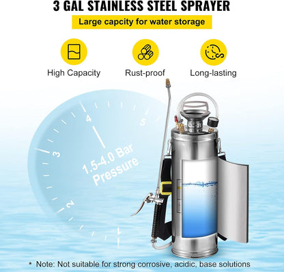 Happybuy 3 Gallon Stainless Steel Sprayer, 20" Wand & 3FT Reinforced Hose, Hand Pump Sprayer with Pressure Gauge, Safety Valve & Adjustable Nozzle, Weed Sprayers for Lawn, Gardening & Sanitizing