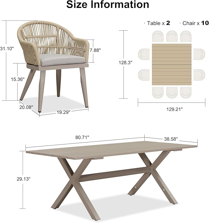 PURPLE LEAF 12 Pieces Patio Dining Set with Outdoor Aluminium Dining Table and Woven Chairs Modern Metal Furniture Cushions Sets for Garden Yard Indoor Decor Kitchen Champagne