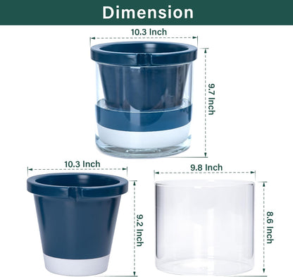 D'vine Dev 10 Inch Design Self Watering Planter for Indoor Plants, Blue Terracotta Pot with Cylinder Glass Cup, 37-X-D-4