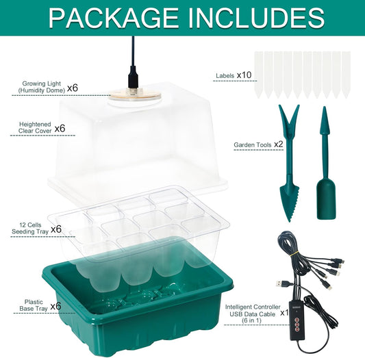 6-Set Seed Starter Tray with Grow Light, Seed Starting Trays Kits with Timing Controller Adjustable Humidity Domes Heightened Lids(12-Cells Per Tray)