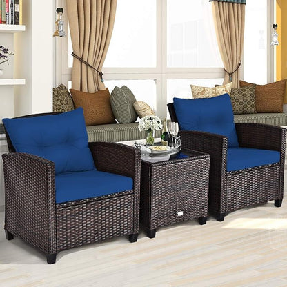 RELAX4LIFE 3 Piece Patio Furniture Set, Wicker Bistro Conversation Set w/ 2 Cushioned Armchairs & Glass Topped Table, Outdoor Rattan Sofa Set Patio Furniture for Porch Balcony Poolside (Navy Blue)