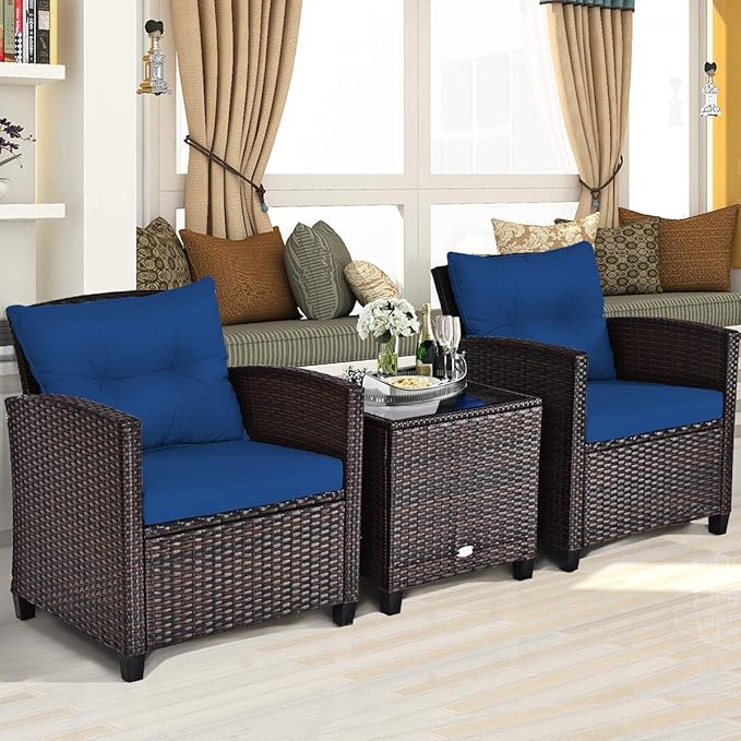 KOTEK 3 Piece Patio Furniture Set, Outdoor Conversation Set with Washable Cushions & Tempered Glass Tabletop, PE Rattan Wicker Bistro Set for Porch, Garden, Balcony (Navy Blue)