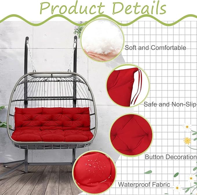 Swing Replacement Cushions with Backrest, 2 or 3 Seater Waterproof Non-Slip Overstuffed Swing Pad, Indoor/Outdoor Bench Cushion for Porch Chair Swings Garden Furniture(Red 40 * 40 in)