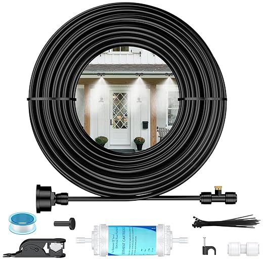Pawfly Misters for Outside Patio, 50 ft Outdoor Misting Cooling System with 15 Brass Mist Nozzles Water Accessories, Water Misting System for Garden Backyard Greenhouse Trampoline Pool