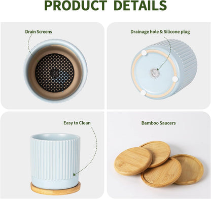 AOMRYOM 4.25 Inch Ceramic Plant Pots with Drainage Holes and Trays, Small Flower Planters Home Decor for Indoor Plants, Succulents, Cactus, Herbs, Multi-Color Stripe, 4 Packs (Plant Not Included)