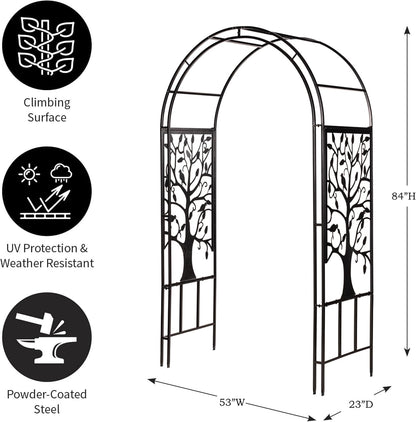 Evergreen Plow & Hearth Tree of Life Garden Arbor - 7 Feet Tall | Slim Metal Arch with Iron Trellis for Climbing Plants | Elegant Wedding Arbor | Outdoor Patio & Garden Decor