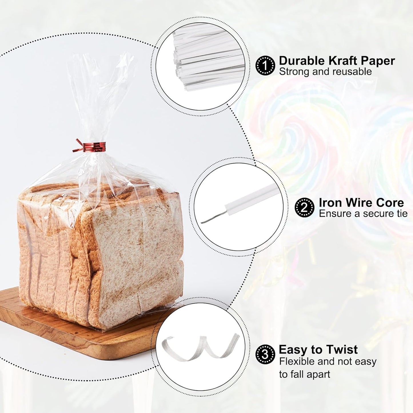 HARFINGTON 1000pcs Bag Twist Ties 3.5" Reusable Kraft Paper Twist Ties Wire Cable Ties for Party Bread Candy Cake, White