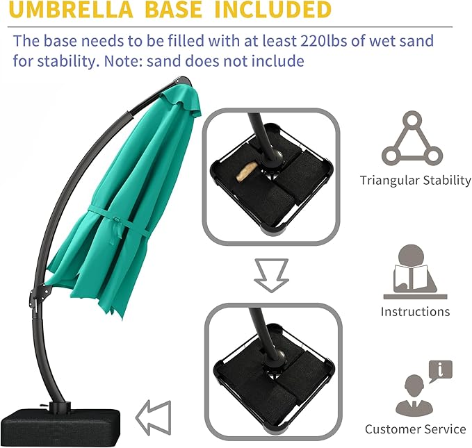 Kingdura 12ft Cantilever Patio Umbrella with Base Included, Large Round Offset Outdoor Pool Umbrella, 360° Rotation & Infinite Tilt, Heavy Duty Aluminum Frame for Deck Backyard, Turquoise blue