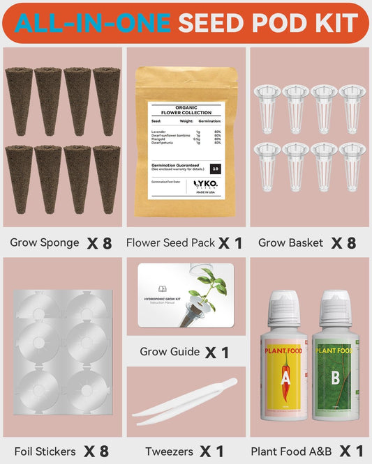 LYKOCLEAN Flower Seed Pod Compatible with AeroGarden Hydroponics Growing System, 8 Pods Indoor Garden Starter Kit with Lavender, Sunflower, Petunia and Marigold