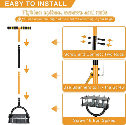 Manual Lawn Aerator Tool with 16 Steel Spikes, Adjustable T-Handle Hand Aerator Lawn Tool with 4-Spring Self-Cleaning Design for Soil Loosening & Grass Root Growth in Lawn, Garden & Backyard