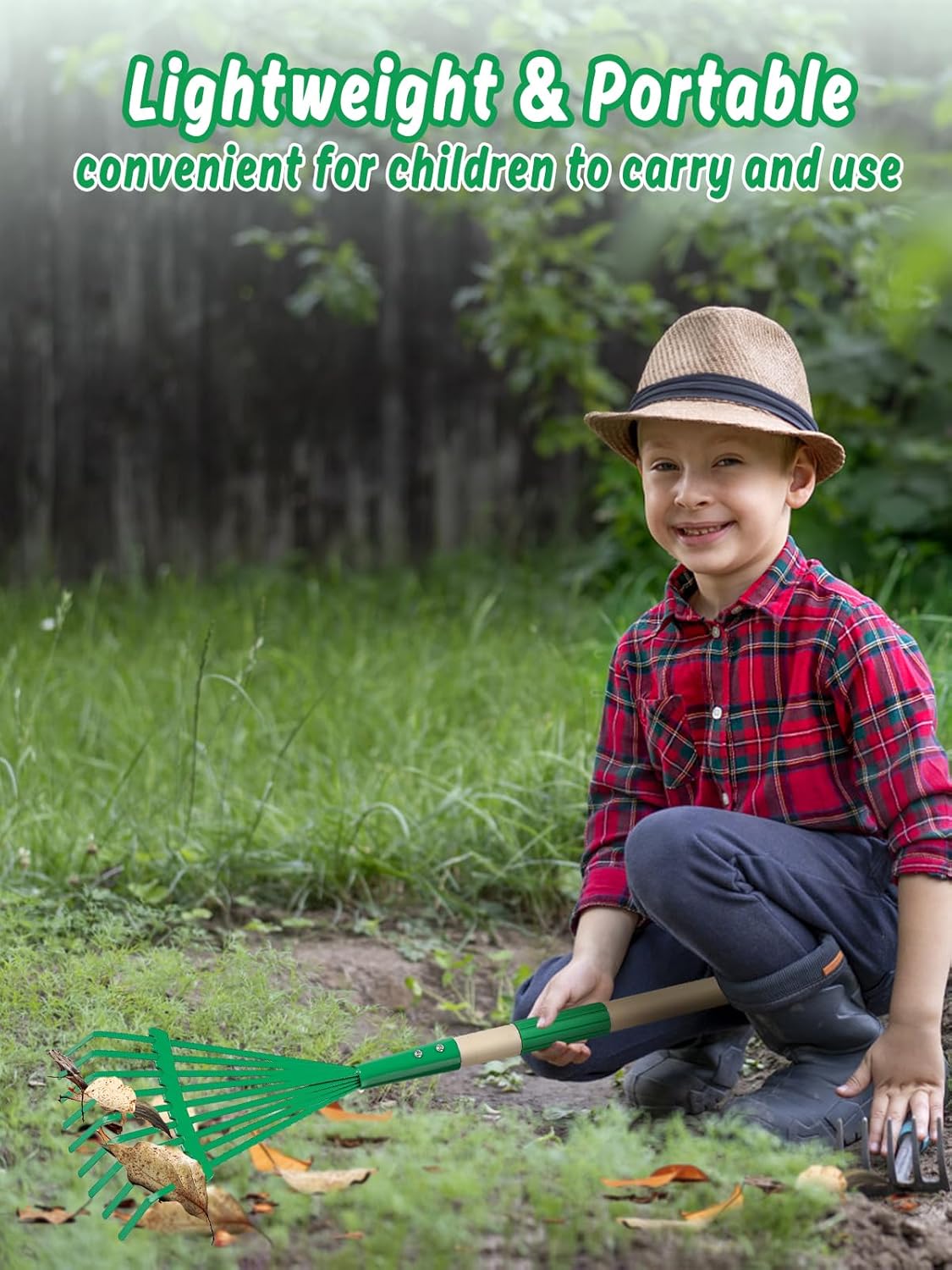 Kids Friendly Rakes for Leaves - 28" Child Size Small Rake with Durable Metal Head & Hardwood Handle, Real Lawn Garden Yard Tools for 3+ Years Kids Enjoy Helping Work Gifts (Green)