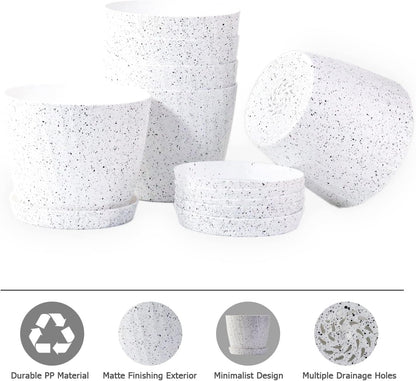 7 Inch Plant Pots Bulk, 6 Pack Plastic Planters with Drainage Holes and Saucers for Indoor Outdoor House Plants and Flowers, White Speckles