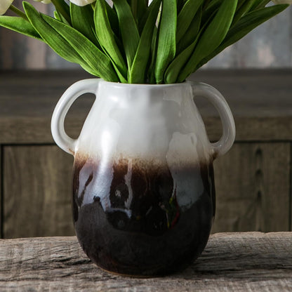 White Gradient Ceramic Vase with 2 Handles, Modern Farmhouse Decor, Rustic Terracotta Pottery, Decorative Flower Vases, Clay Small Vase, Centerpiece for Dining Table - 7 Inch Tall