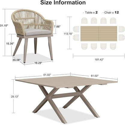 PURPLE LEAF 13 Pieces Oversized Patio Dining Set with Outdoor Aluminium Dining Table and Woven Chairs Modern Metal Furniture Cushions Sets for Garden Yard Indoor Decor Kitchen Champagne