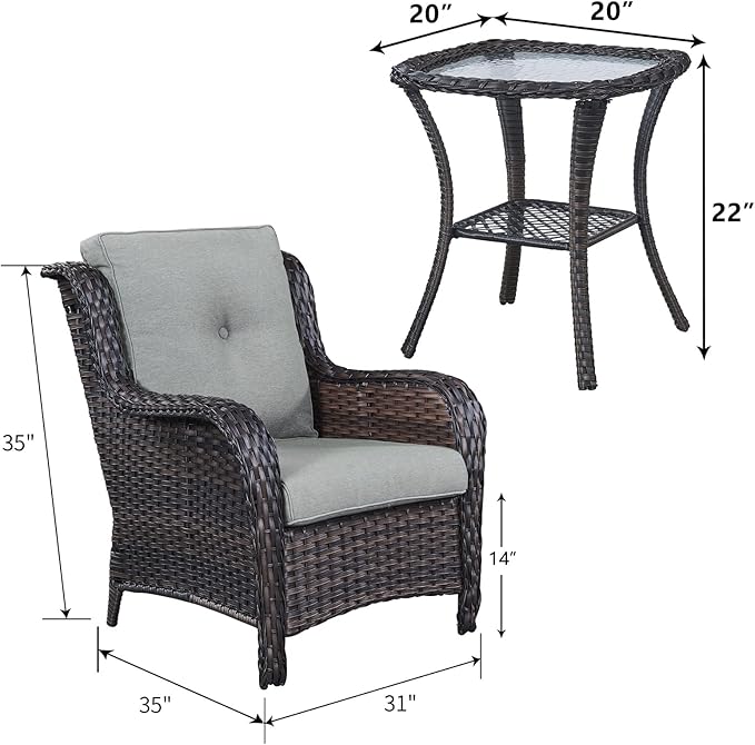 Rilyson Patio Bistro Set Wicker Chairs - 3 Piece Outdoor Rattan Conversation Set with 2 Armrest Chair and 1 Side Table for Proch Deck Garden Backyard Balcony(Brown/Grey)