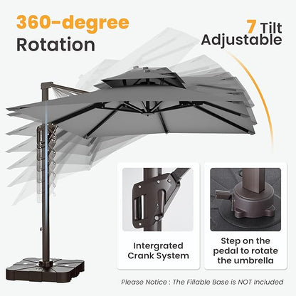 9x12 FT Cantilever Patio Umbrella Double Top Outdoor Rectangular Large Heavy Duty Aluminum Offset Umbrellas with 7 Level Tilt 360-degree Rotation for Pool Garden Deck, Grey