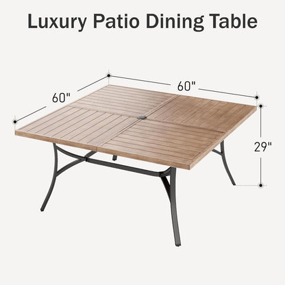 PHI VILLA Large Outdoor Patio Table for 8 Person, 60" Square Metal Steel Slat Table with 1.57"-1.9" Adjustable Umbrella Hole, Weather-Resistant Outdoor Dining Table for Deck Backyards, Brown