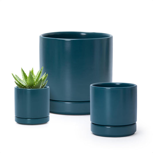 D'vine Dev 3 Inch & 4 Inch & 6 Inch, Set of 3 Round Ceramic Planter Pot with Drainage Hole and Saucer, Teal, 94-T-S-9