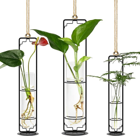 MIPON Plant Propagation Stations,Hanging Glass Propagation Test Tube Vases for Plants with Gold Metal Stand for Hydroponic Cutting Home Garden Office Decor-Black